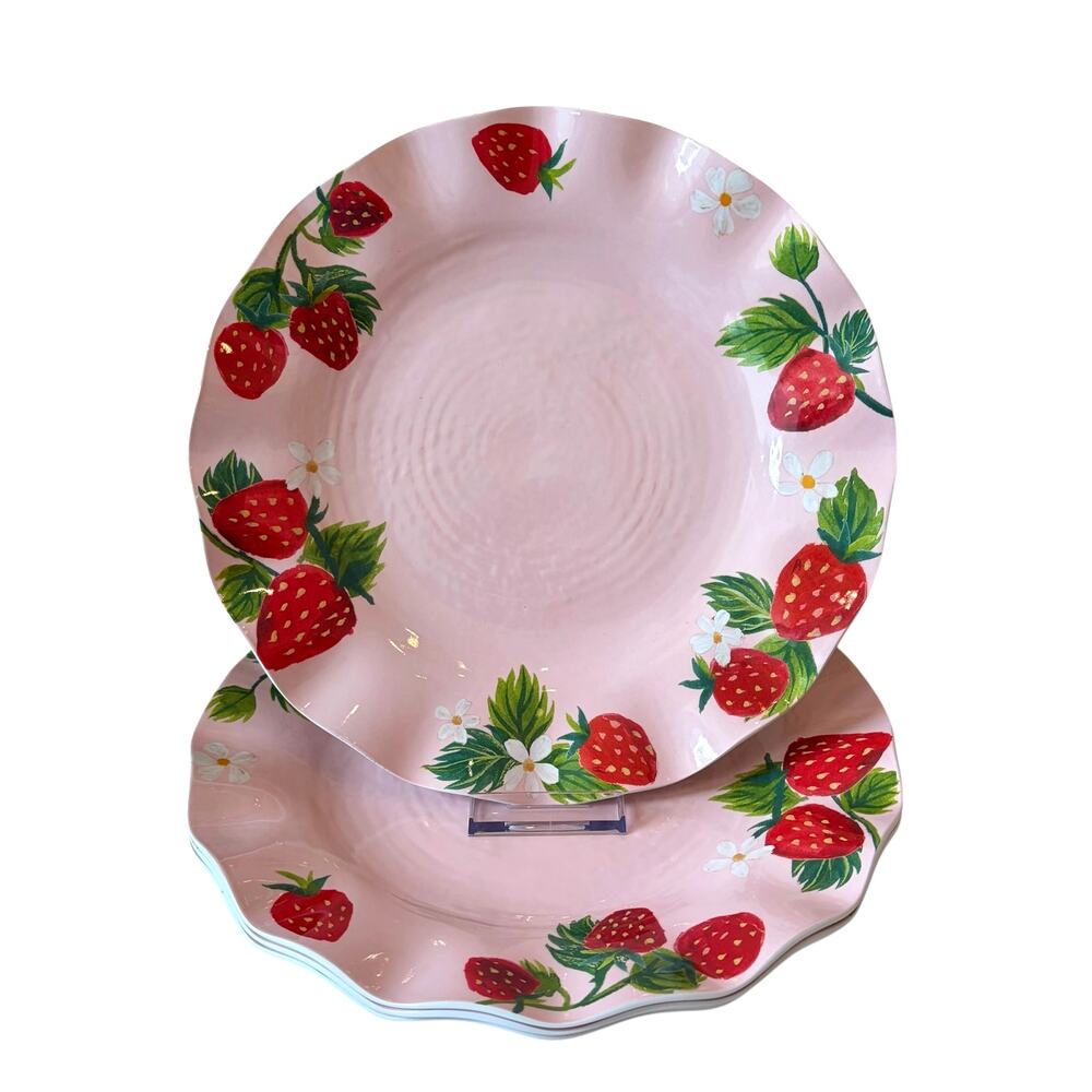 4pc Soho Loft Pink Strawberry Melamine Dinner Plates 11in Indoor Outdoor NEW